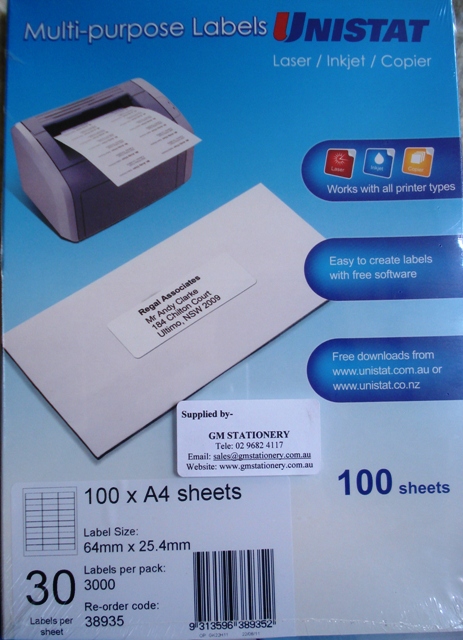 38935 Label Unistat 64x25mm 30 per sheet Box 3000.